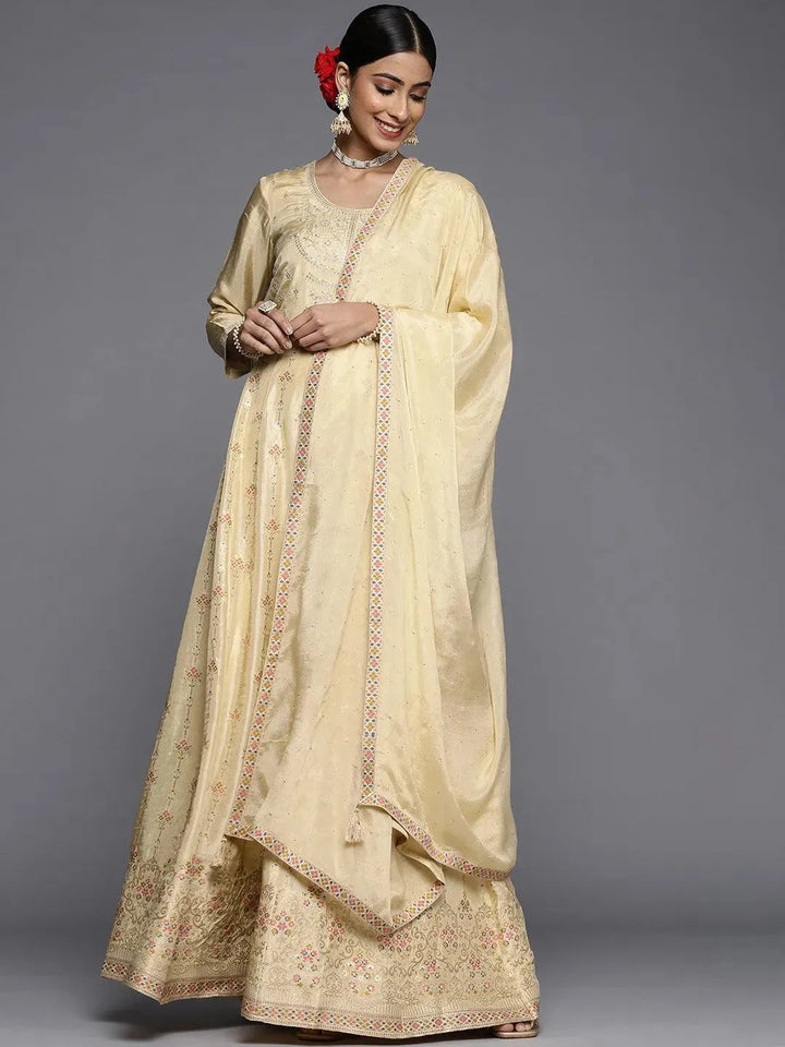 Yellow Self Design Silk Anarkali Suit Set - Libas