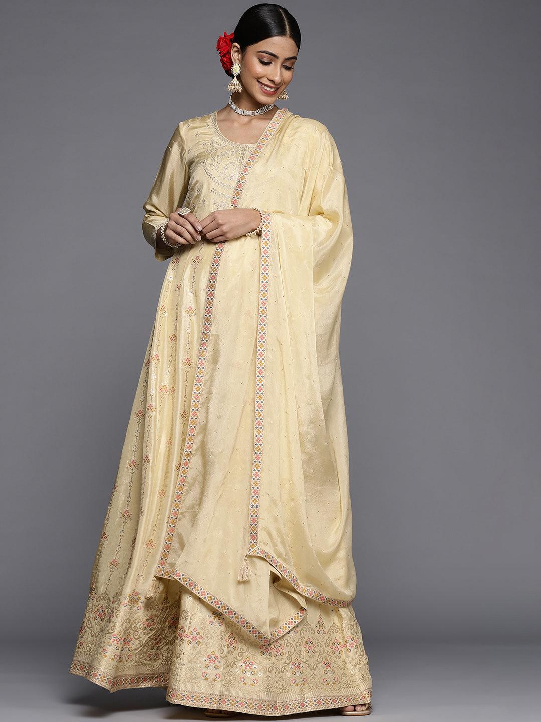 Yellow Self Design Silk Anarkali Suit Set - Libas