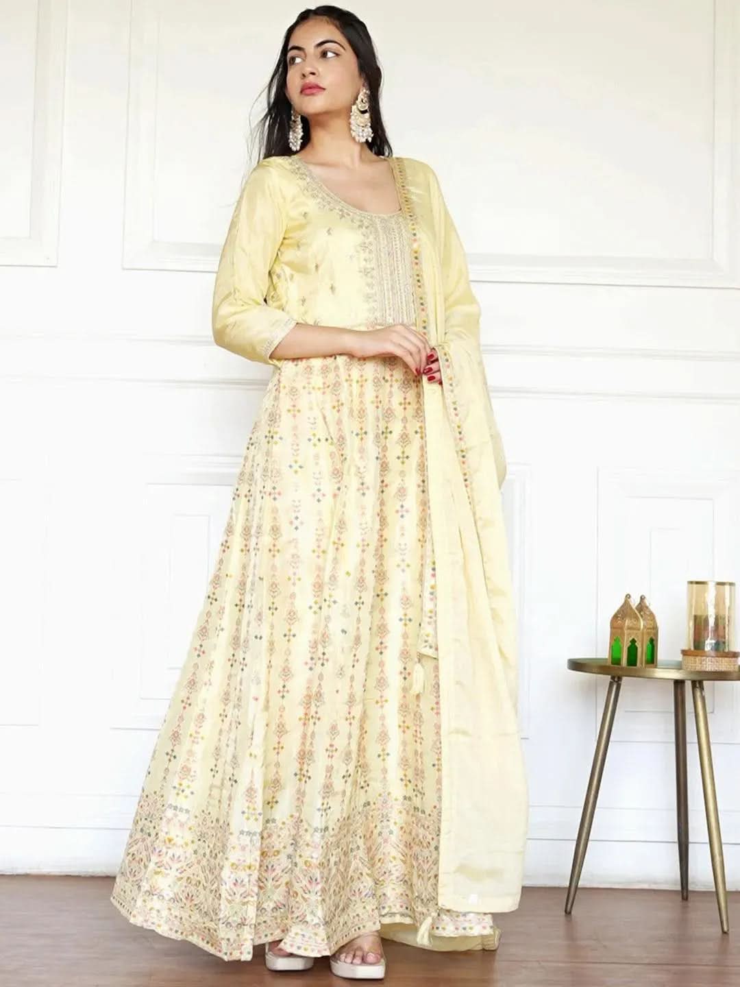 

Yellow Self Design Silk Anarkali Kurta With Churidar & Dupatta