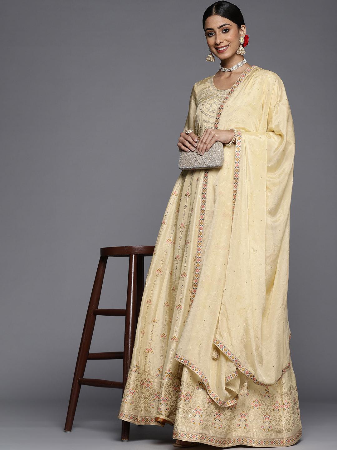 Yellow Self Design Silk Anarkali Suit Set - Libas