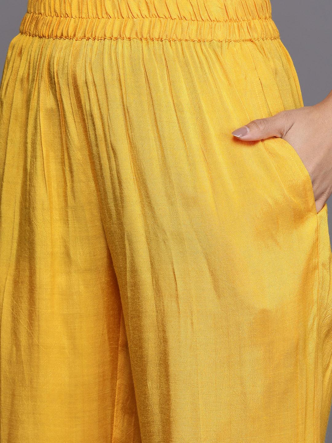 Yellow Self Design Silk Blend Straight Suit Set - Libas