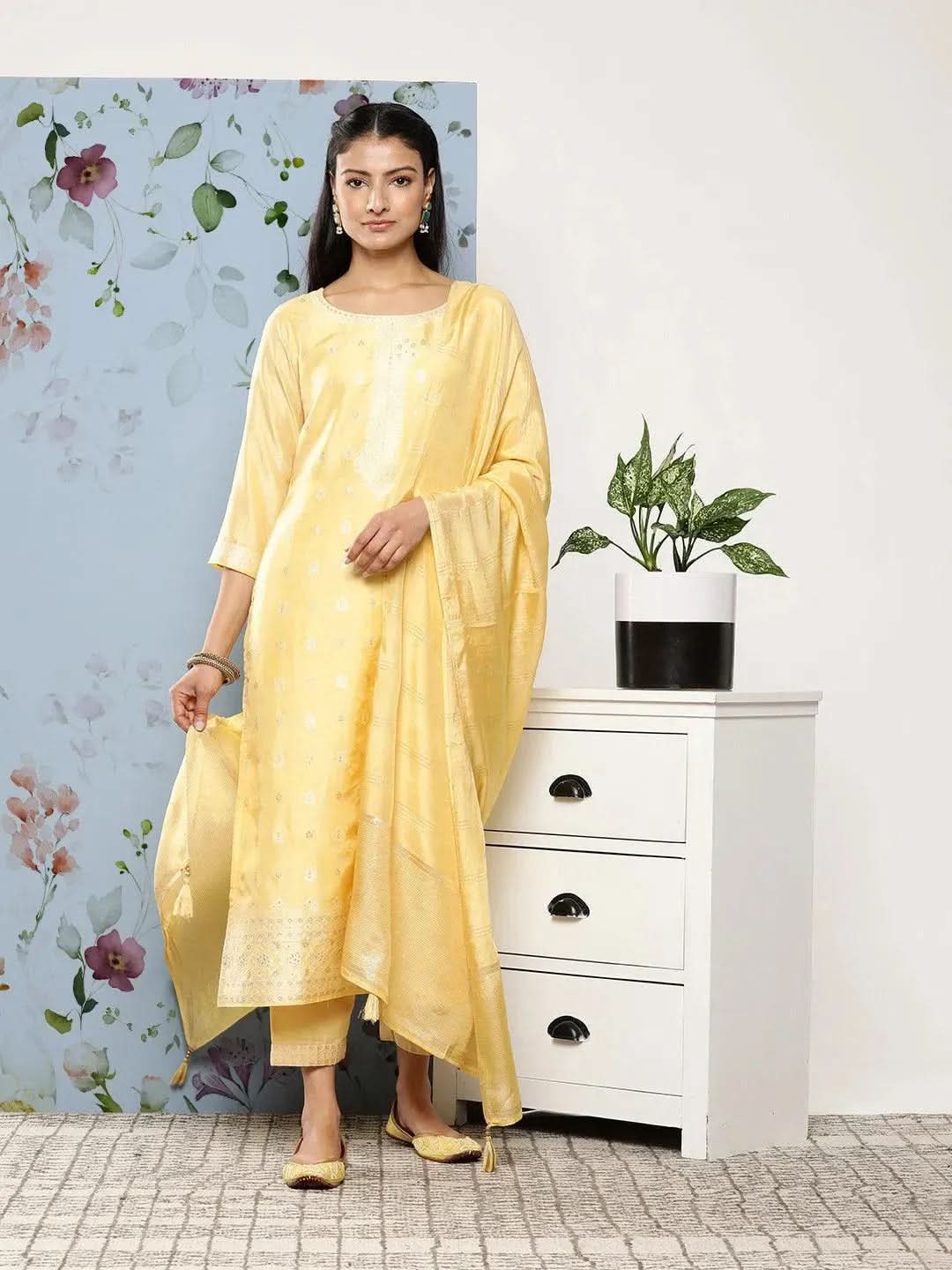 Yellow Self Design Silk Blend Straight Kurta With Trousers & Dupatta-image-0