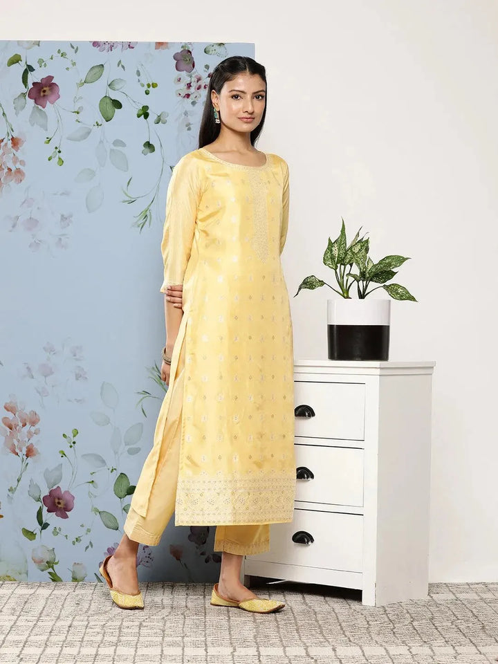 Yellow Self Design Silk Blend Suit Set With Trousers - Libas