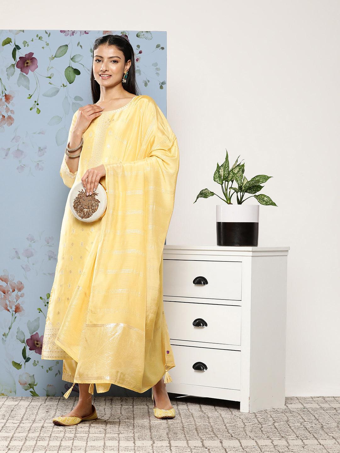 Buy Yellow Self Design Silk Blend Straight Kurta With Trousers