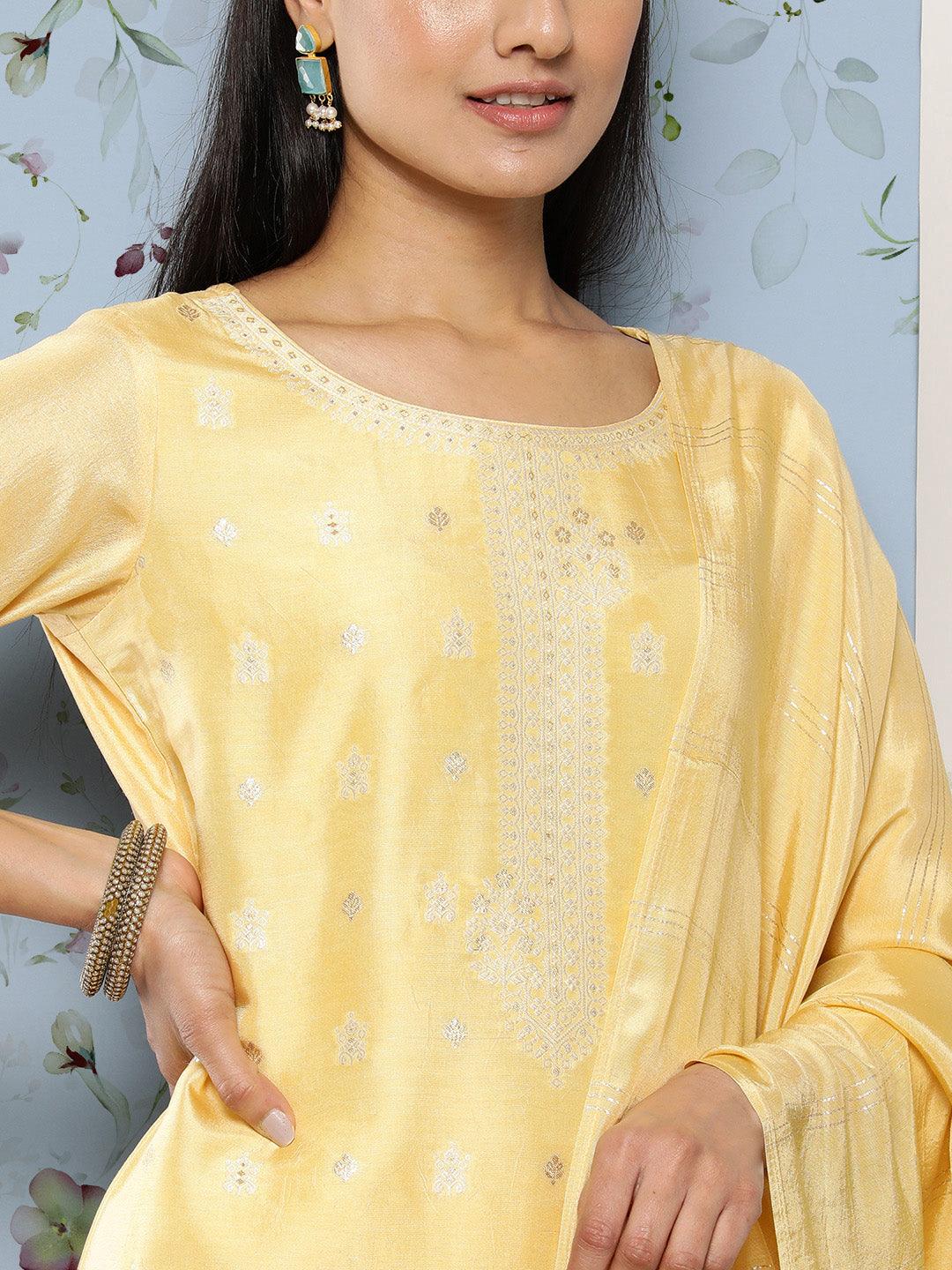 Yellow Self Design Silk Blend Suit Set With Trousers - Libas