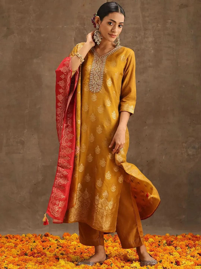 Libas Yellow Self Design Silk Straight Kurta With Trousers & Dupatta