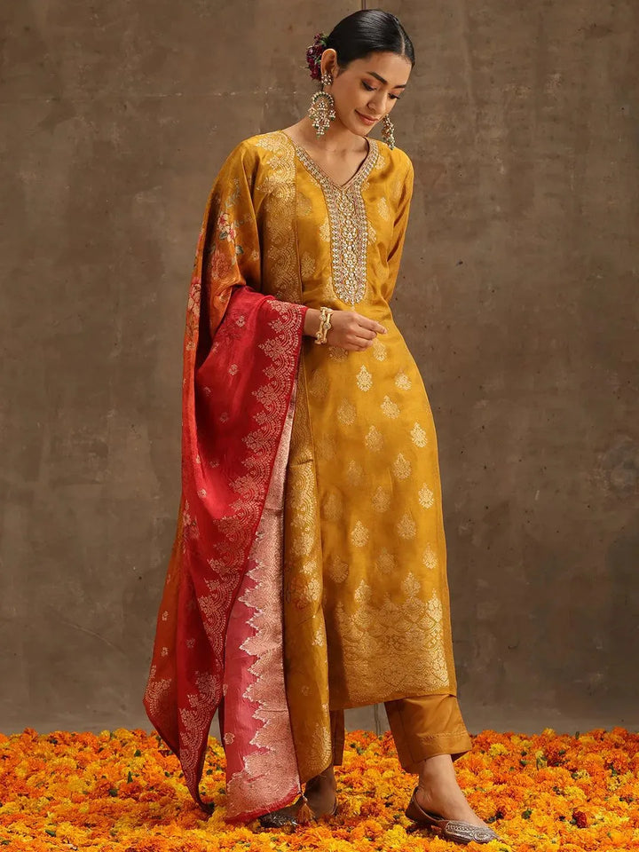 Yellow Self Design Silk Suit Set With Trousers - Libas
