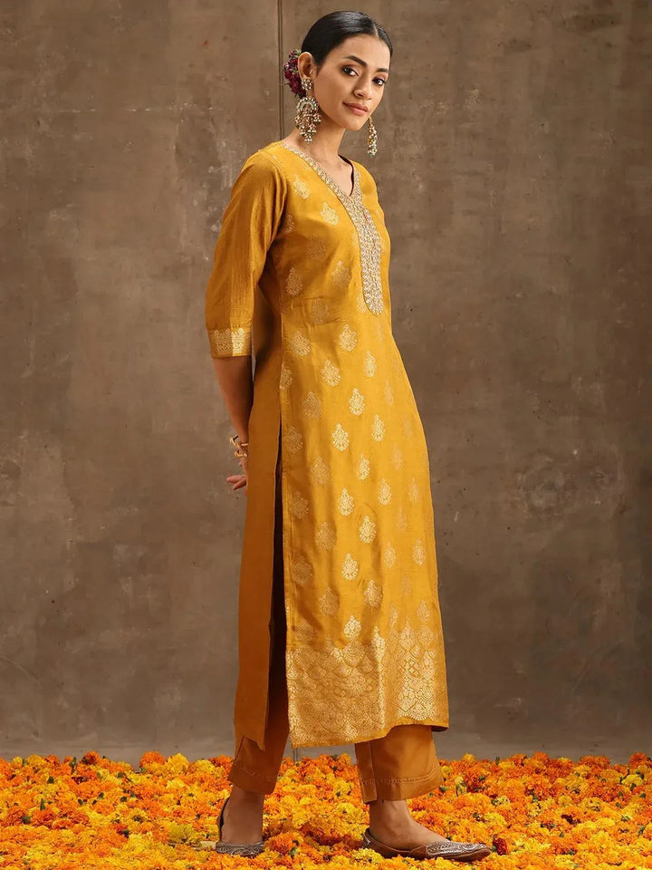 Yellow Self Design Silk Suit Set With Trousers - Libas