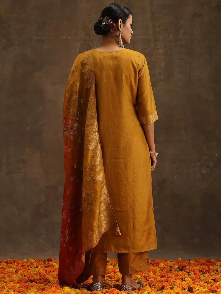 Yellow Self Design Silk Suit Set With Trousers - Libas