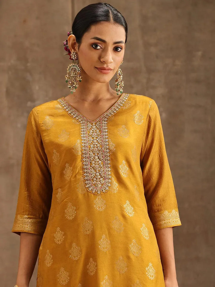 Yellow Self Design Silk Suit Set With Trousers - Libas