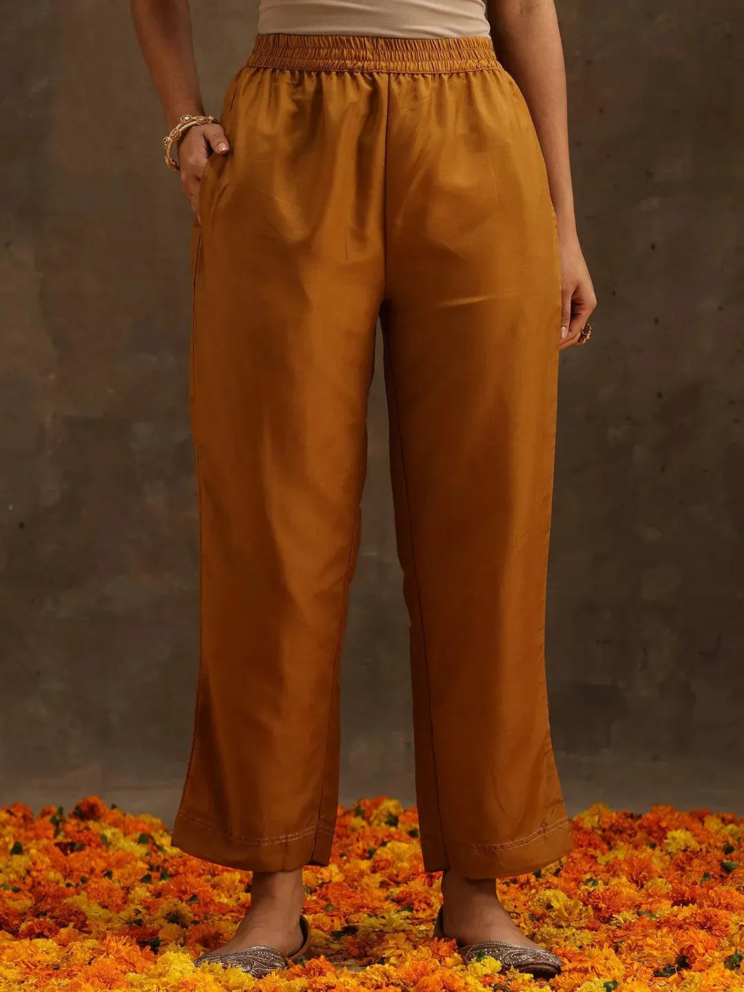 Yellow Self Design Silk Suit Set With Trousers - Libas 