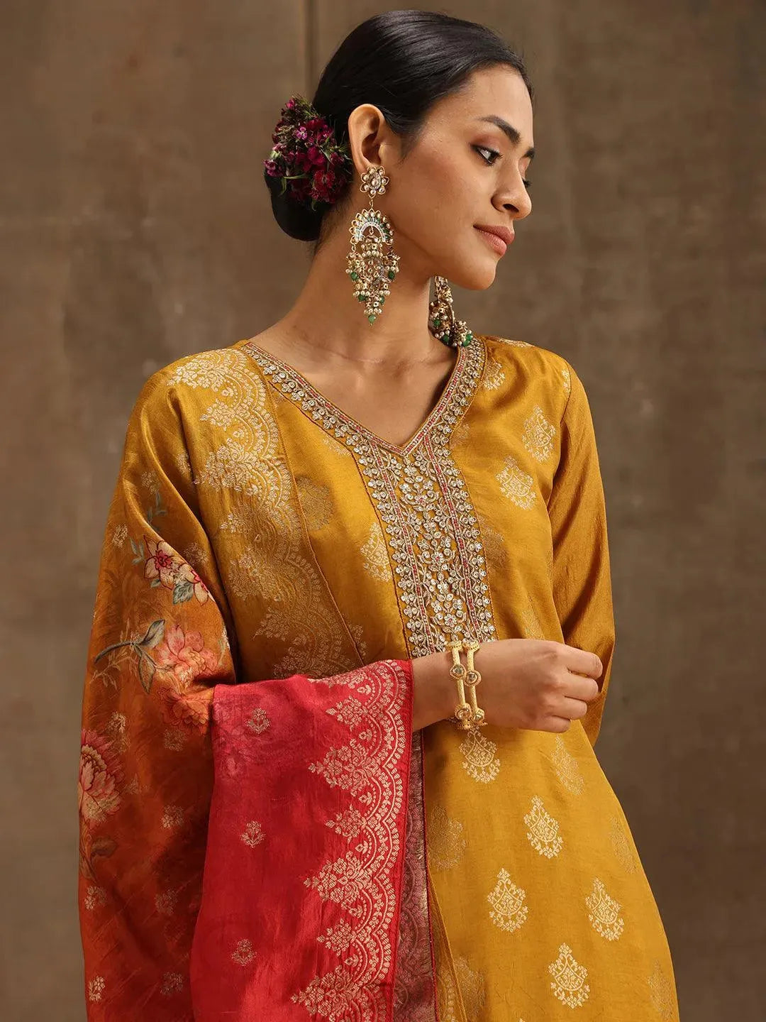 Yellow Self Design Silk Suit Set With Trousers - Libas 