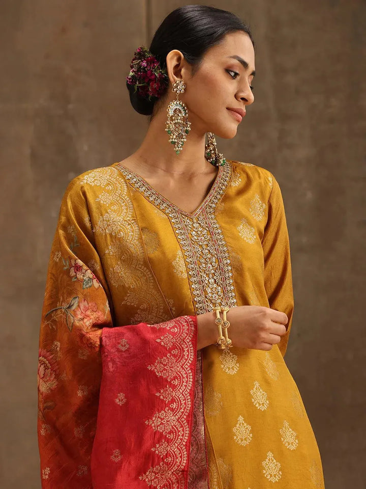 Yellow Self Design Silk Suit Set With Trousers - Libas