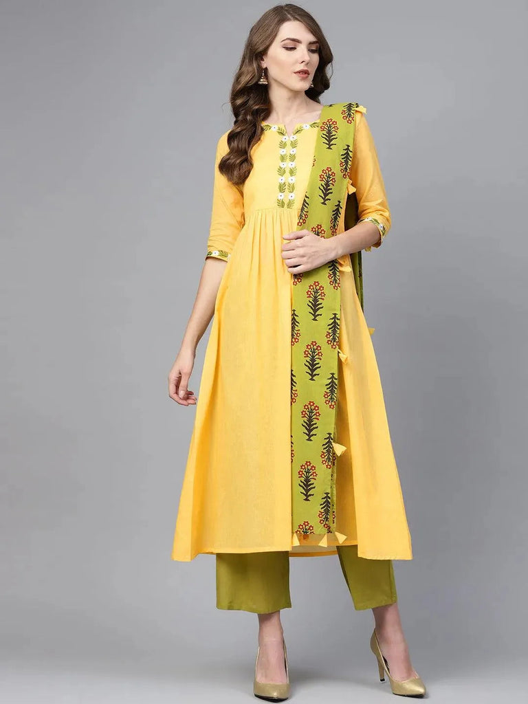 Libas Yellow Solid Cotton A-Line Kurta With Palazzos & Dupatta