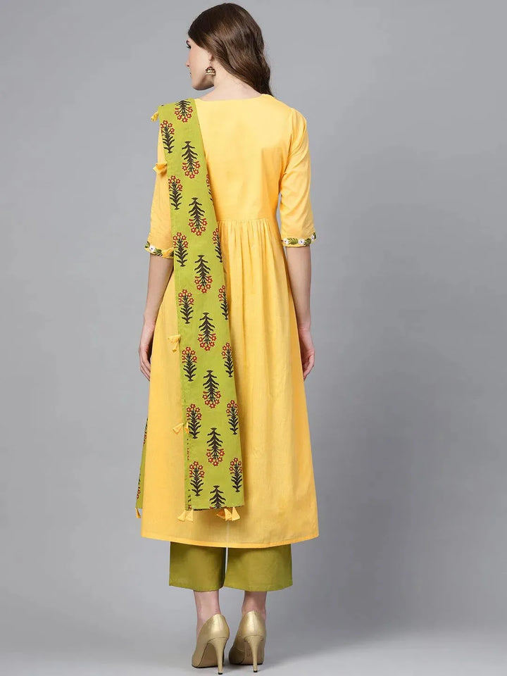 Yellow Solid Cotton Suit Set - Libas