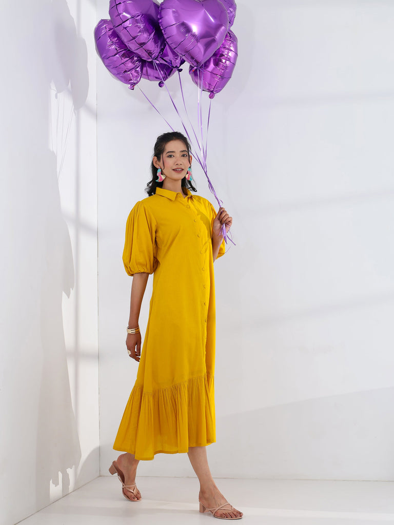 Libas Yellow Solid Cotton A-Line One Piece Dress