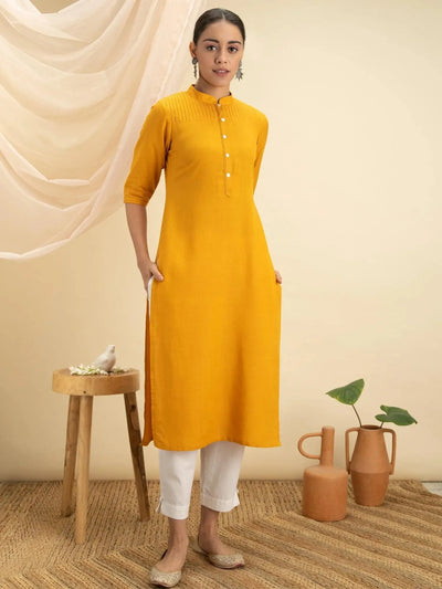 Yellow Solid Cotton Kurta - Libas