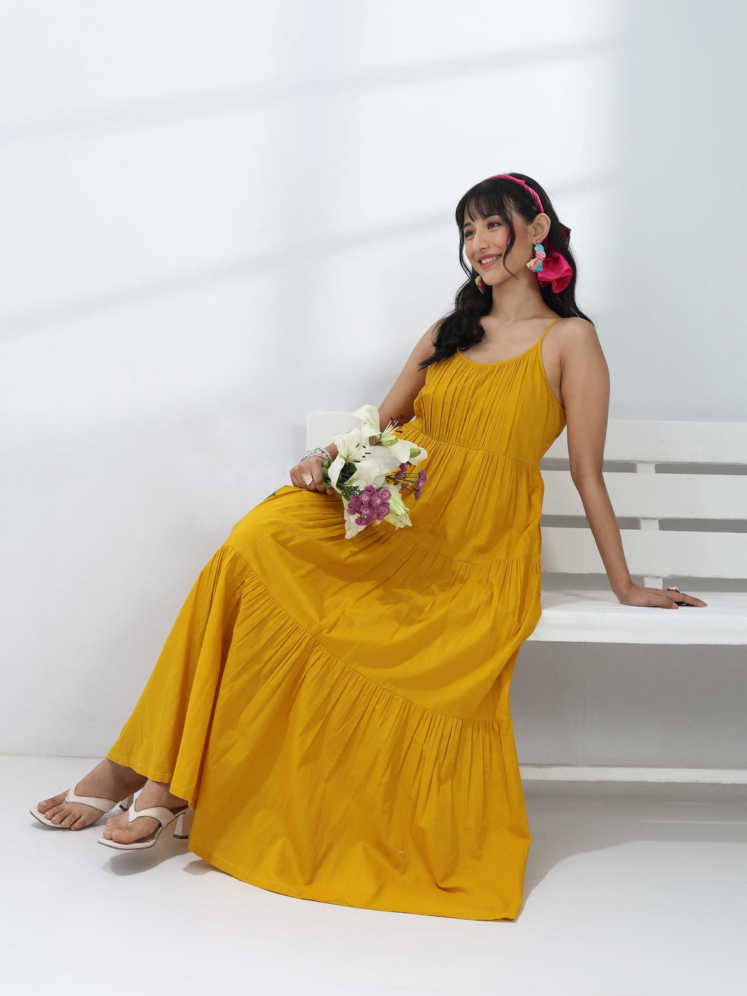  Yellow Solid Cotton One-Piece Dress 