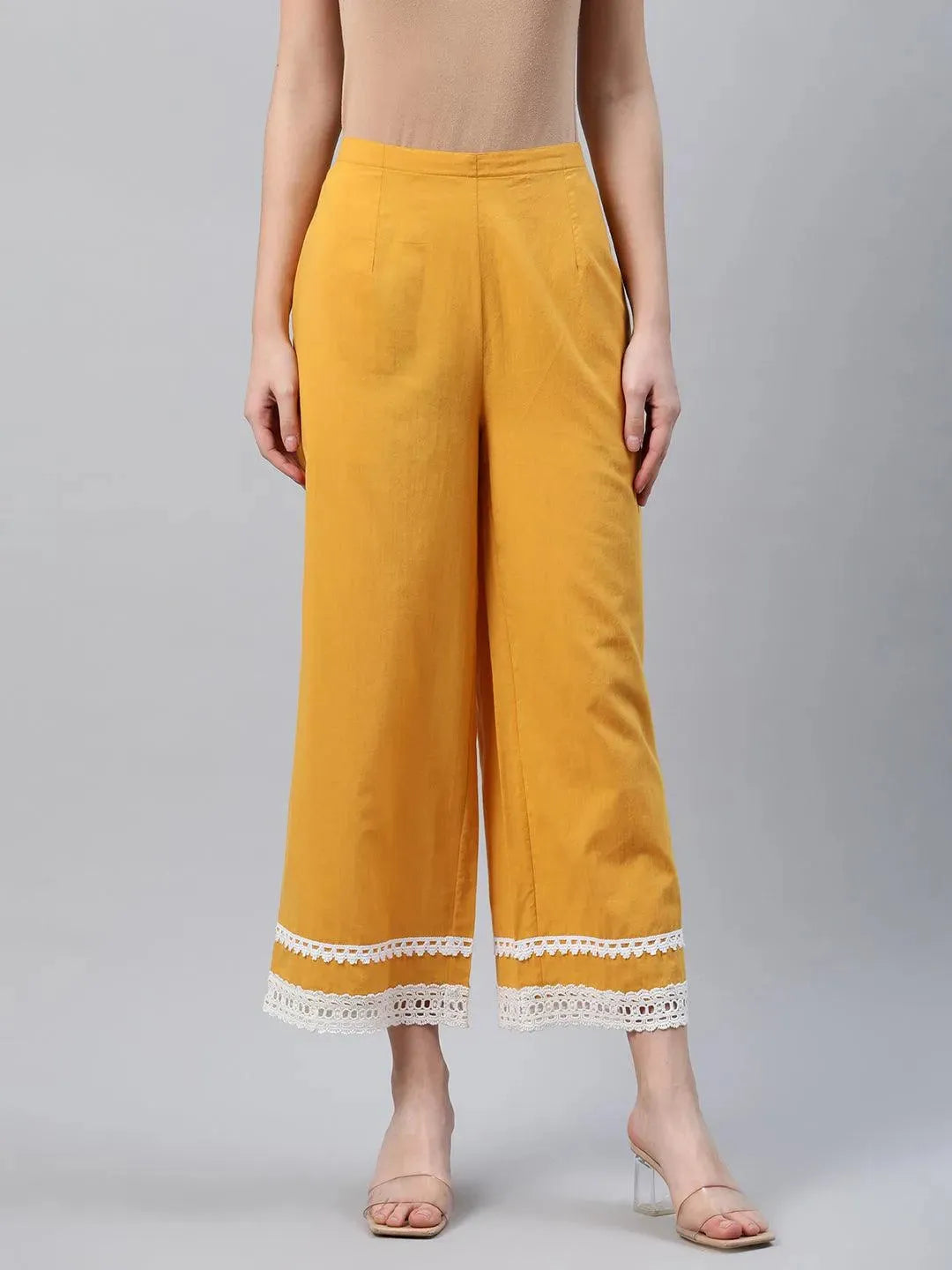 Yellow Solid Cotton Palazzos - Libas