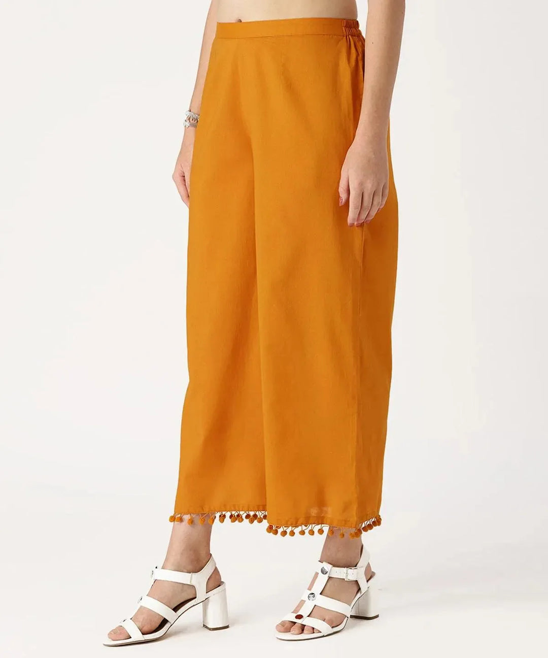 Yellow Solid Cotton Palazzos - Libas 