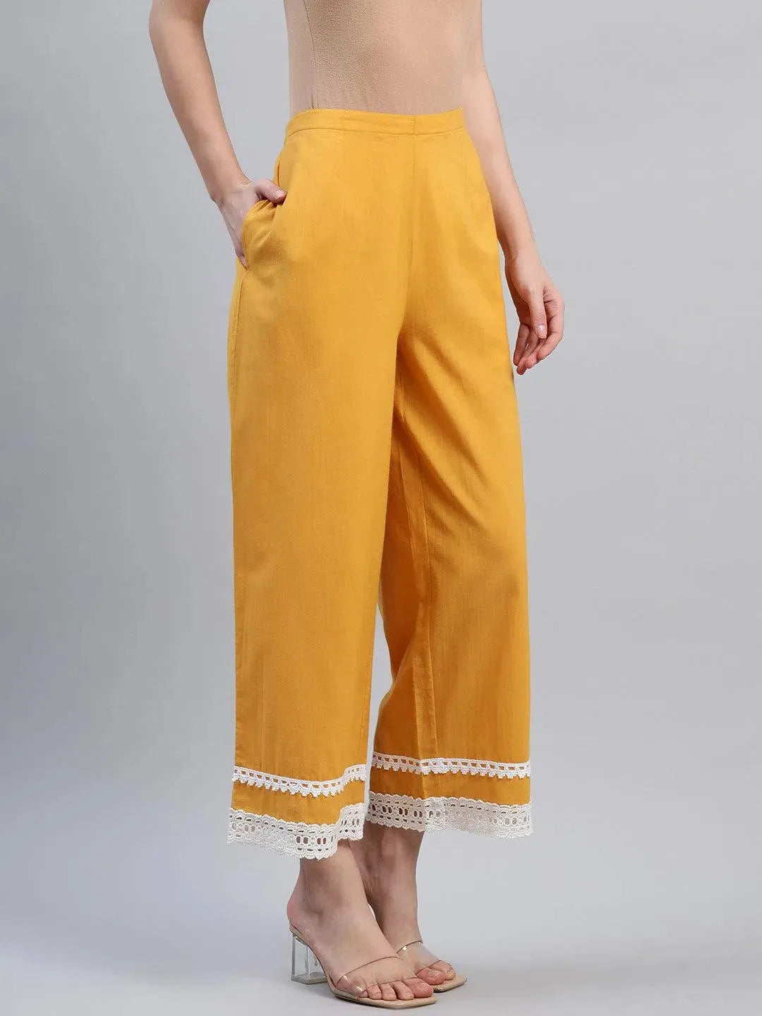 Yellow Solid Cotton Palazzos - Libas