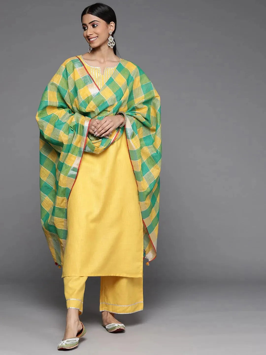 Yellow Solid Cotton Suit Set - Libas