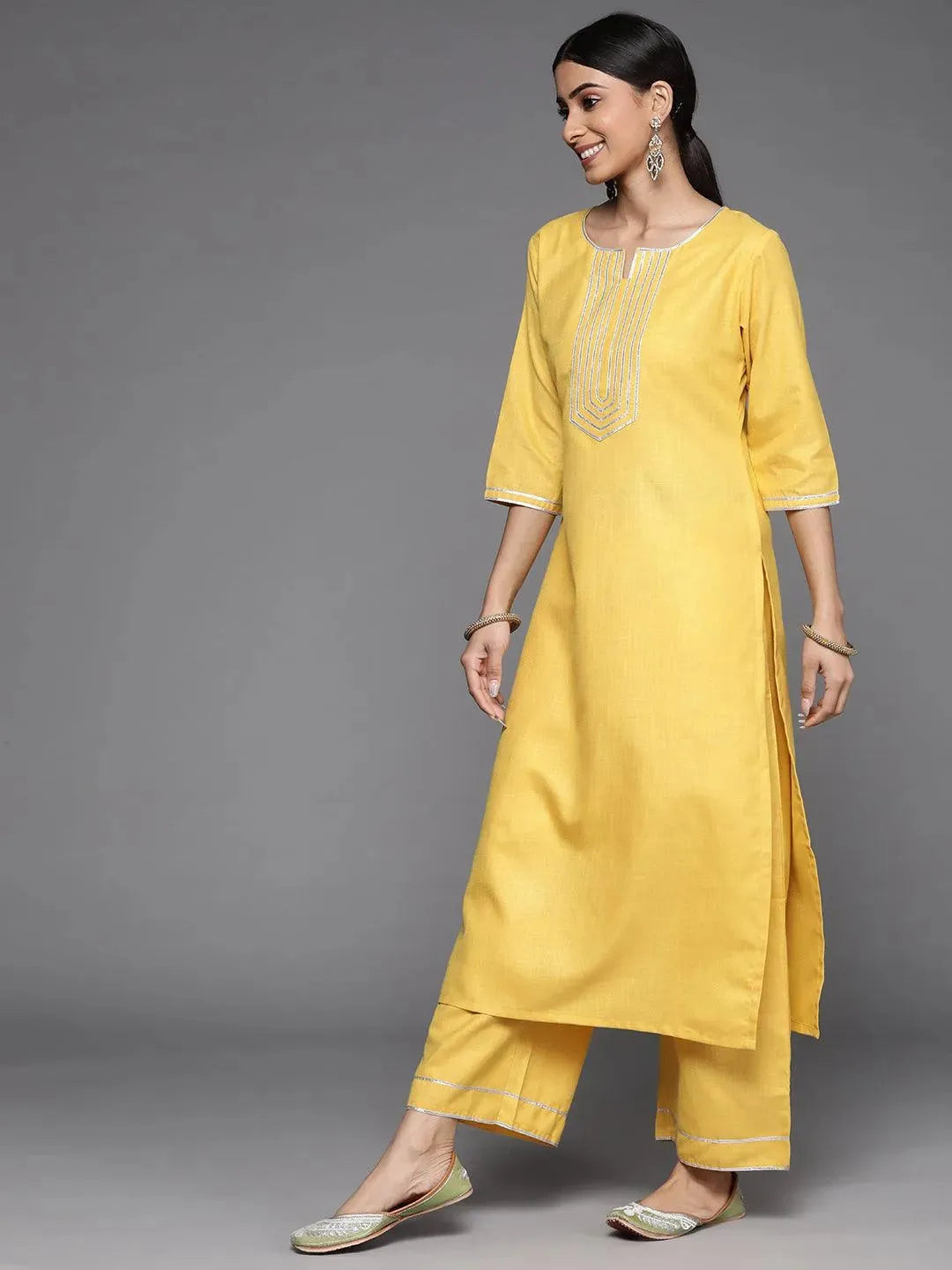Yellow Solid Cotton Suit Set - Libas 