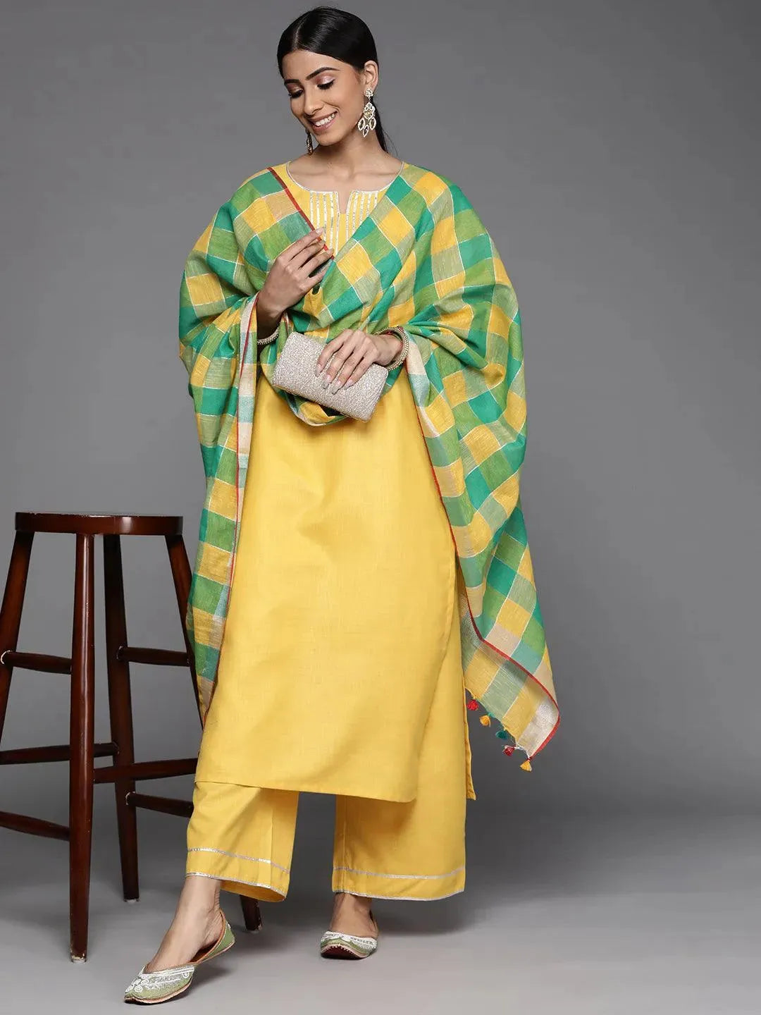 Yellow Solid Cotton Suit Set - Libas 