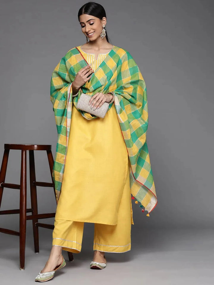 Yellow Solid Cotton Suit Set - Libas