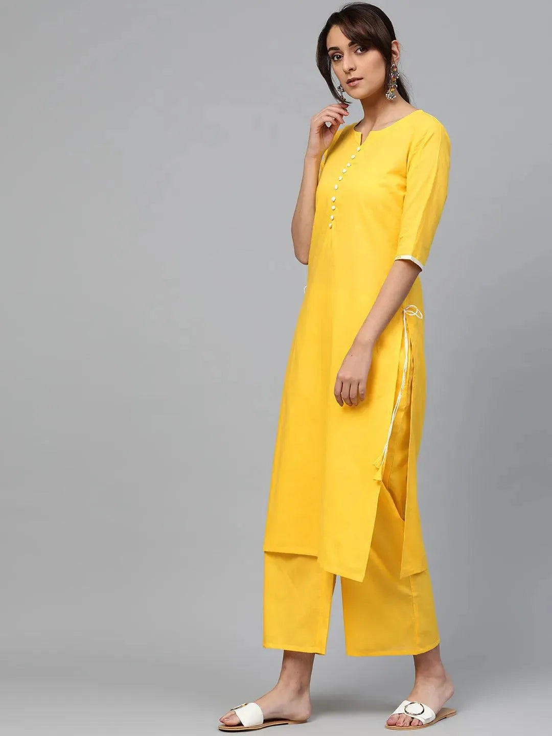 Yellow Solid Cotton Suit Set - Libas 