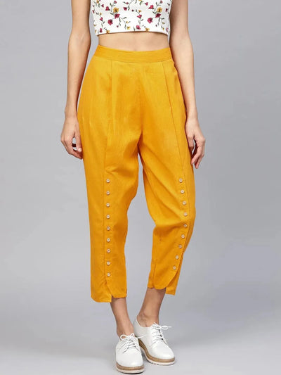 Yellow Solid Cotton Trousers - Libas