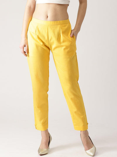 Yellow Solid Cotton Trousers - Libas