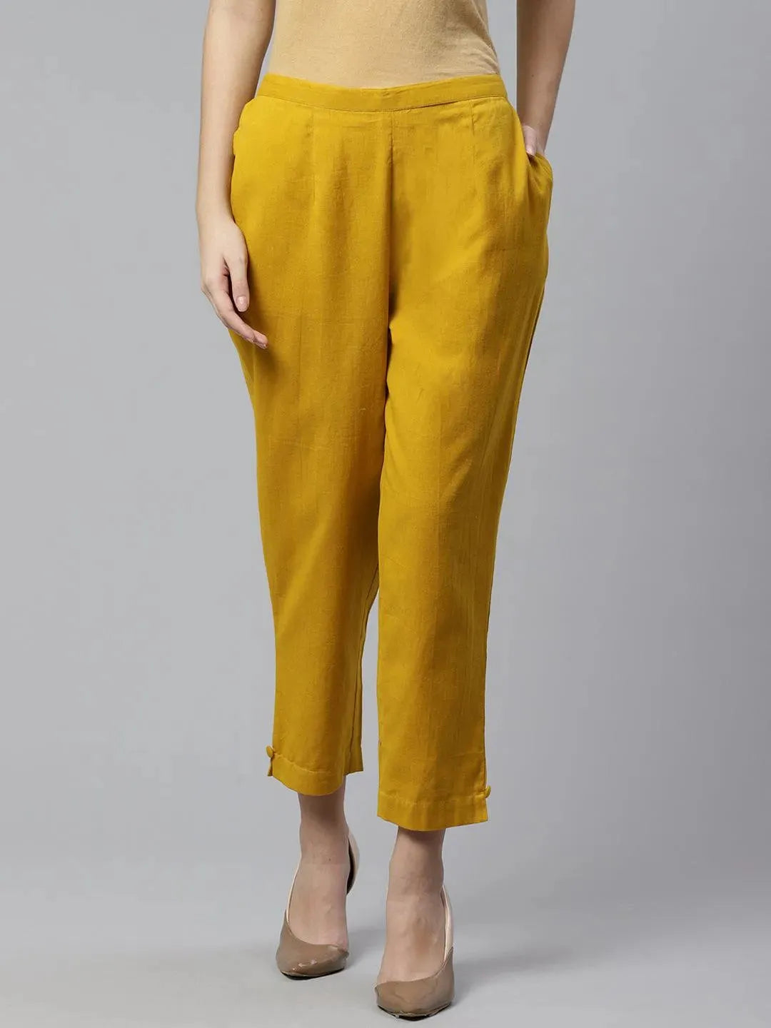 Yellow Solid Cotton Trousers - Libas