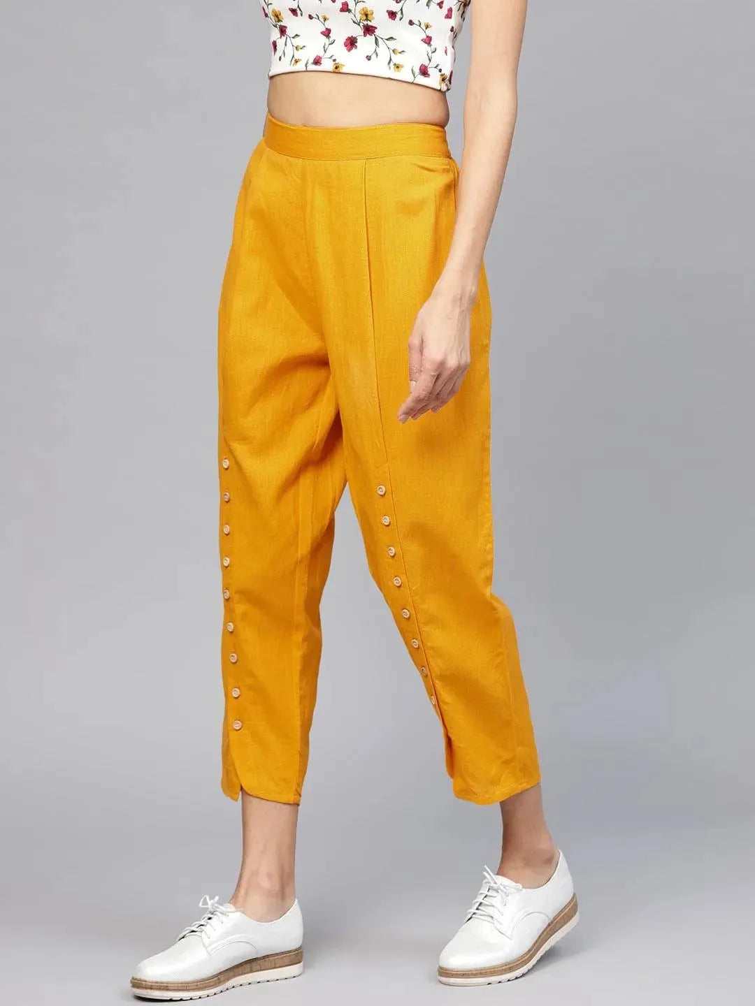 Yellow Solid Cotton Trousers - Libas