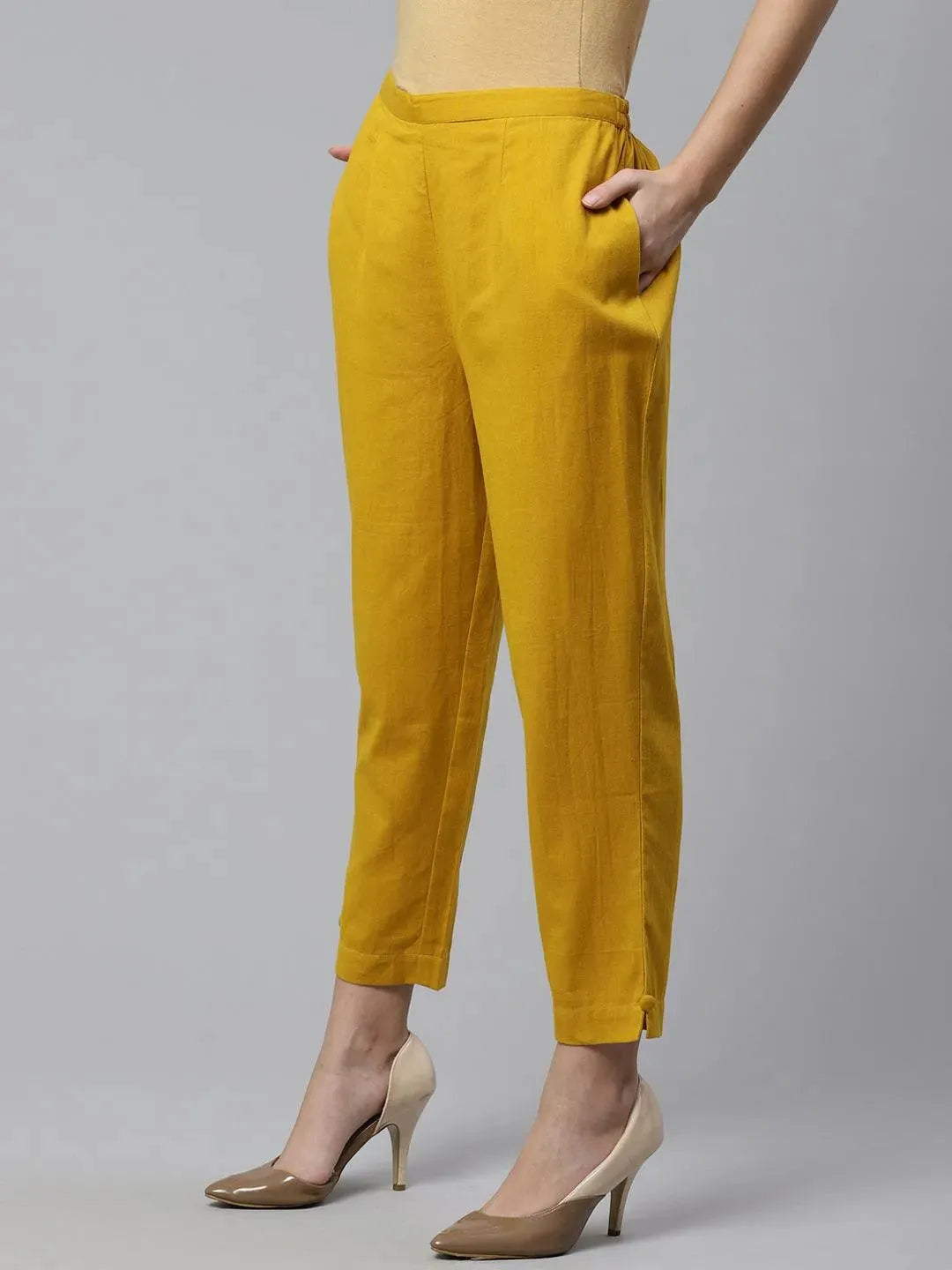 Yellow Solid Cotton Trousers - Libas