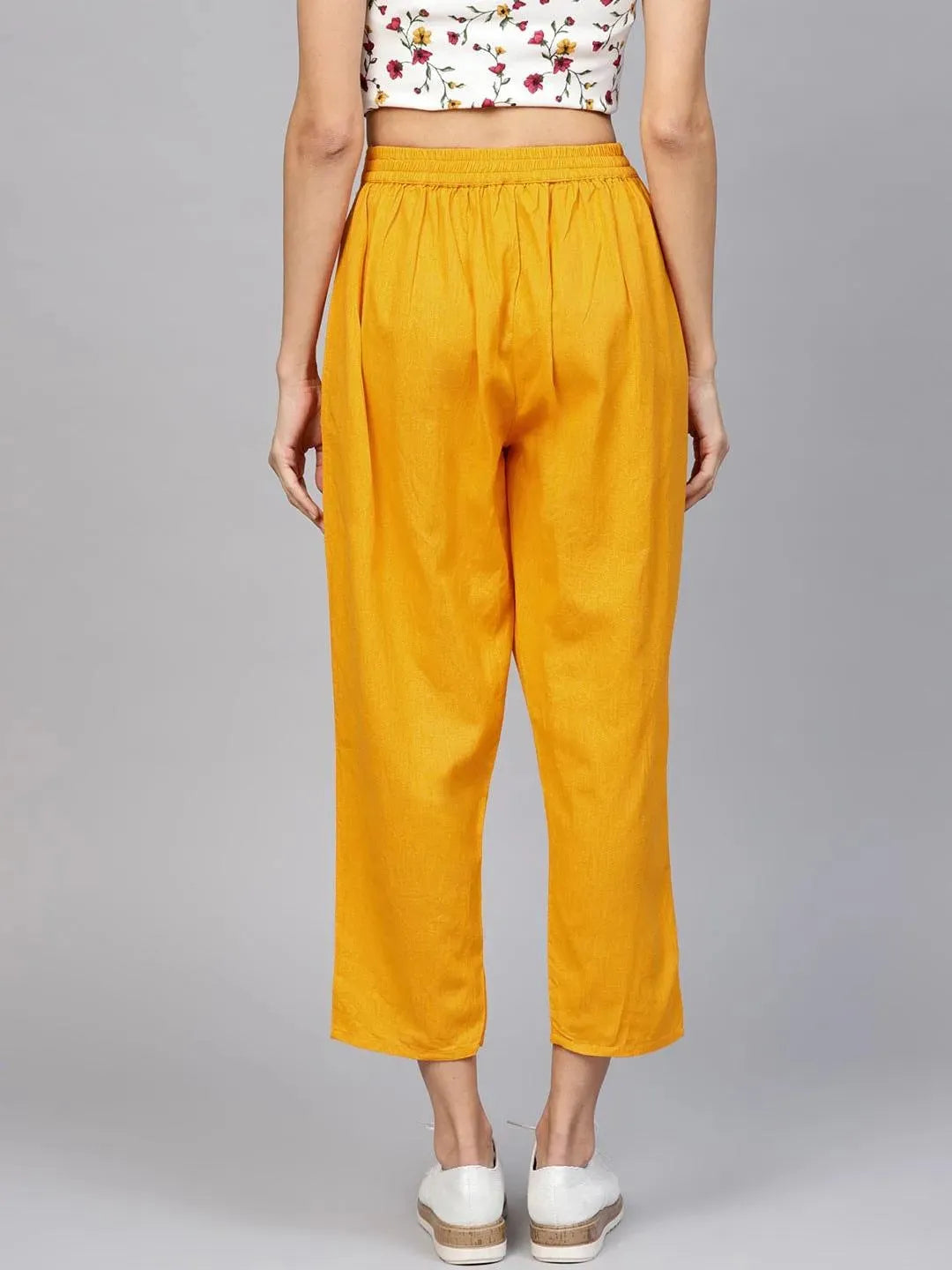 Yellow Solid Cotton Trousers - Libas