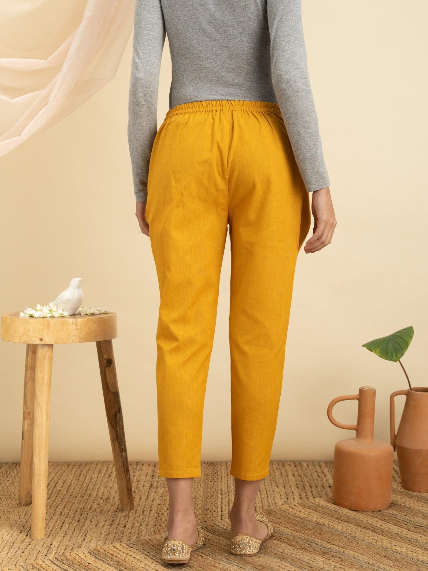 Yellow Solid Cotton Trousers - Libas
