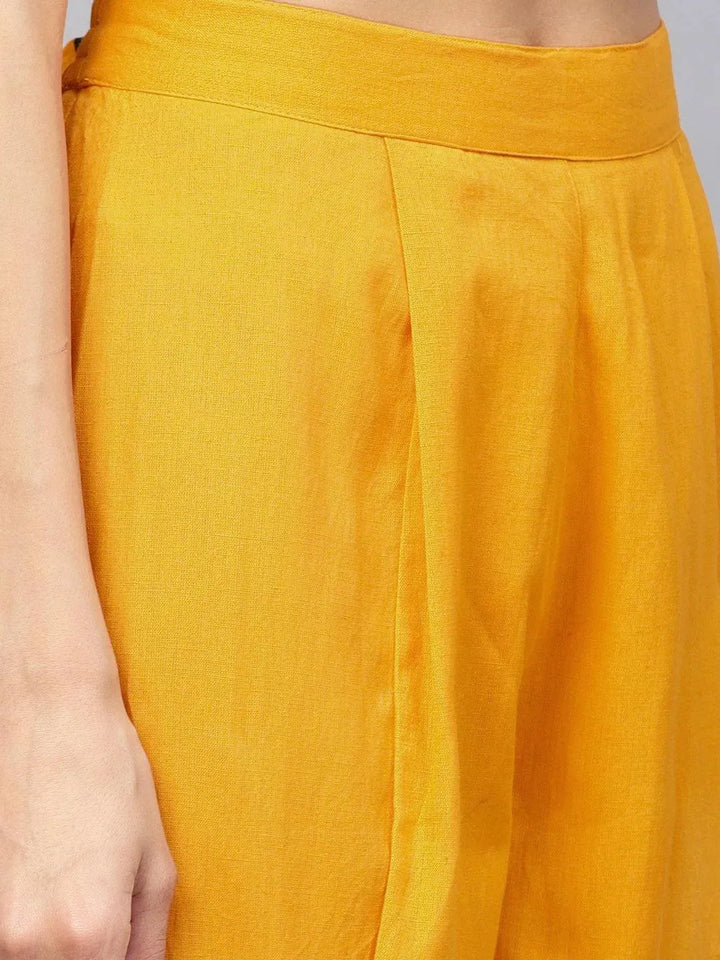 Yellow Solid Cotton Trousers - Libas