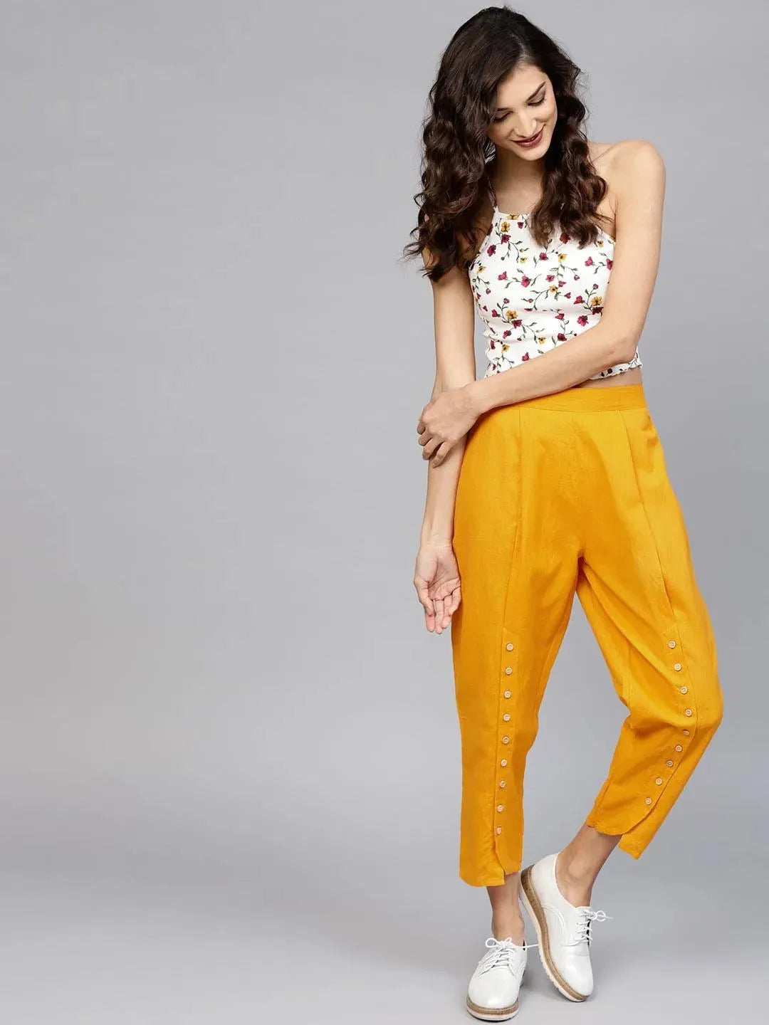 Yellow Solid Cotton Trousers - Libas