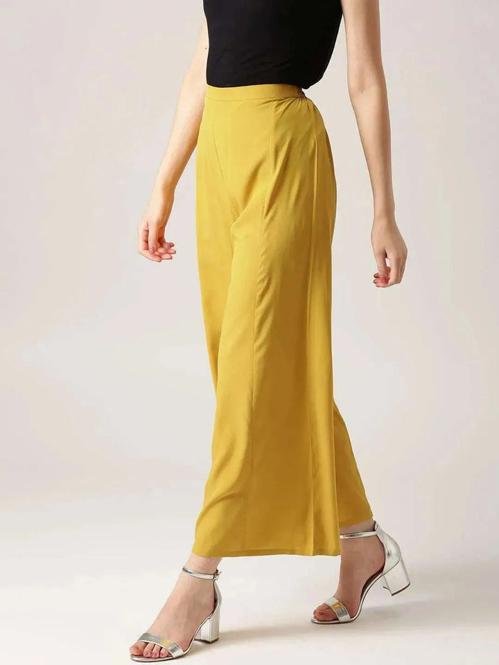 Yellow Solid Crepe Palazzos - Libas