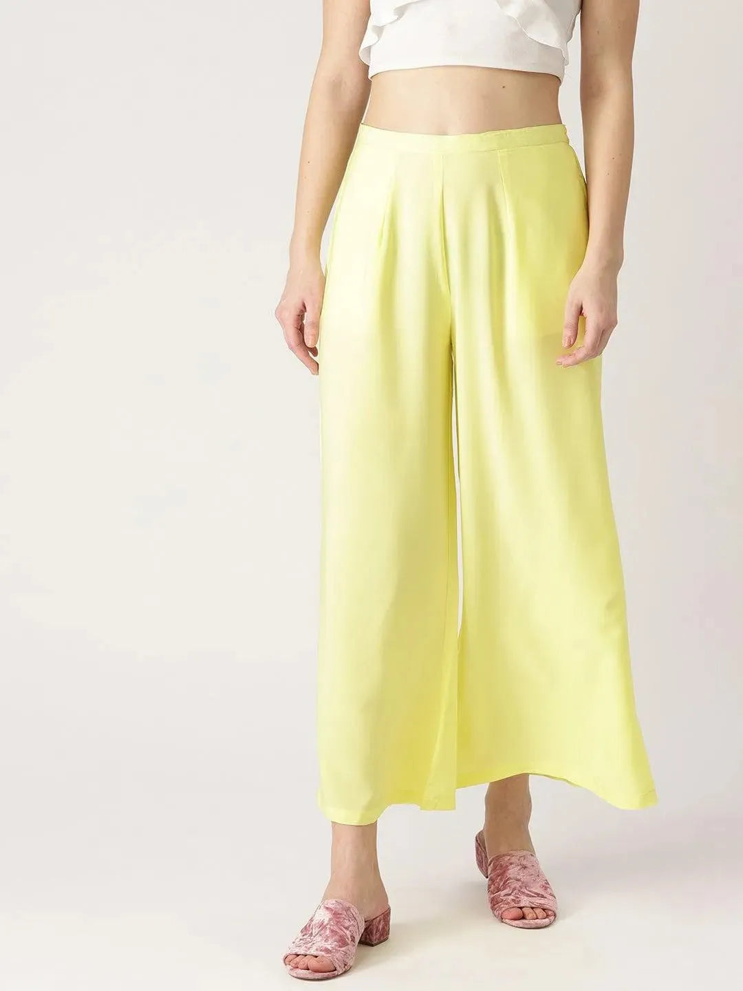 Yellow Solid Crepe Palazzos - Libas