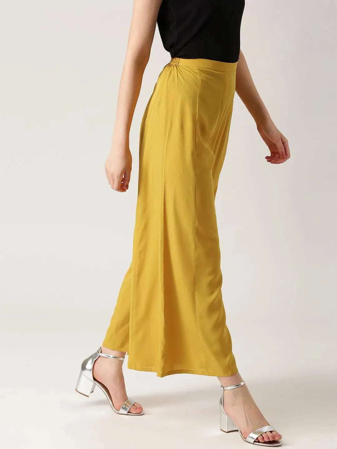 Yellow Solid Crepe Palazzos - Libas