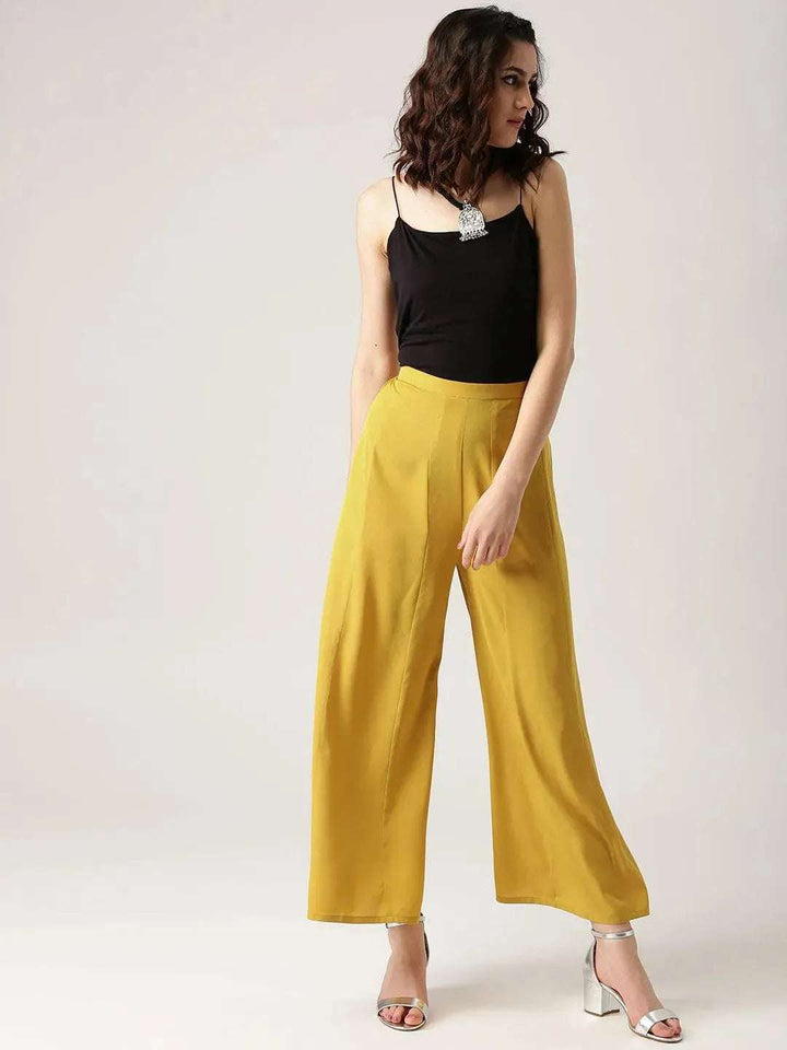 Yellow Solid Crepe Palazzos - Libas