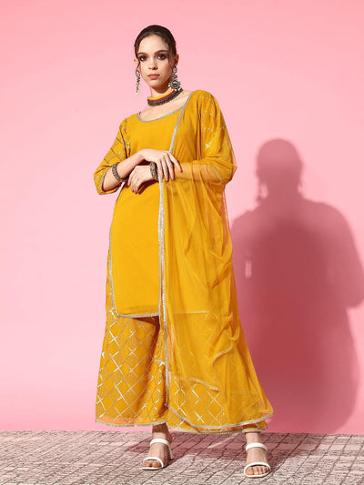 Yellow Solid Georgette Straight Suit Set With Palazzos - Libas