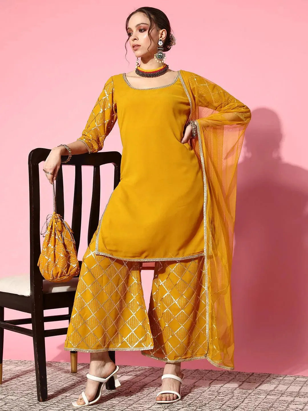 Yellow Solid Georgette Straight Suit Set With Palazzos - Libas