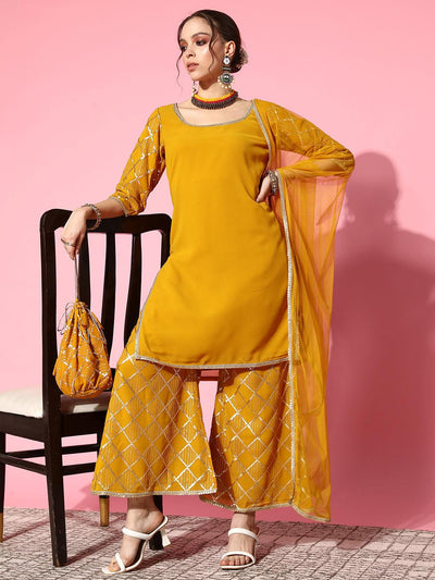 Yellow Solid Georgette Straight Suit Set With Palazzos - Libas