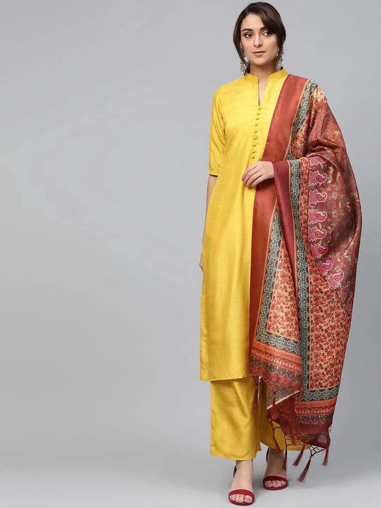 Libas Yellow Solid Muslin Straight Kurta With Palazzos & Dupatta