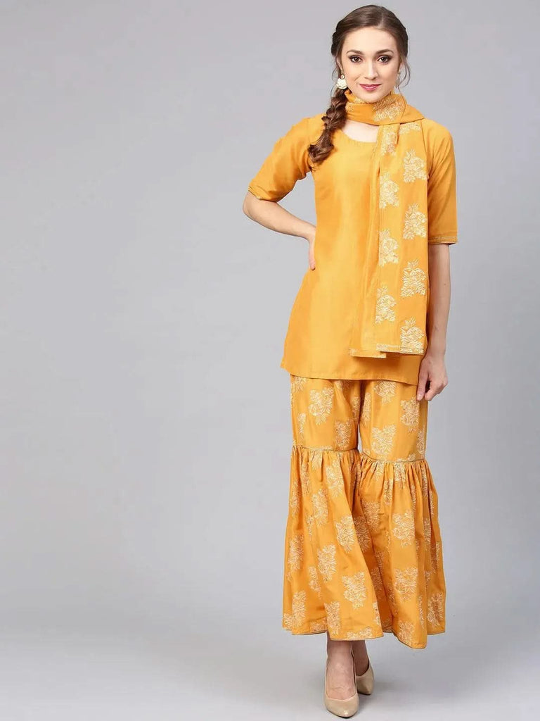 Libas Yellow Solid Muslin Straight Kurta With Sharara & Dupatta