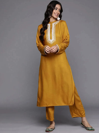 Yellow Solid Pashmina Wool Kurta Set - Libas