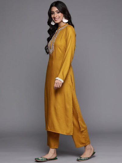 Yellow Solid Pashmina Wool Kurta Set - Libas